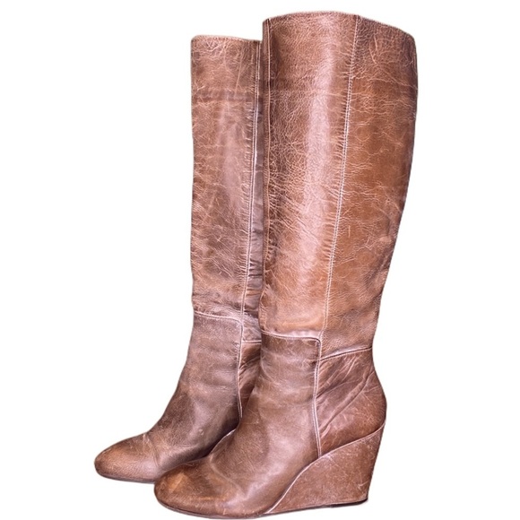 Steve Madden LUXE chocolate brown distressed tall knee high leather Wedge Boots - Picture 1 of 14